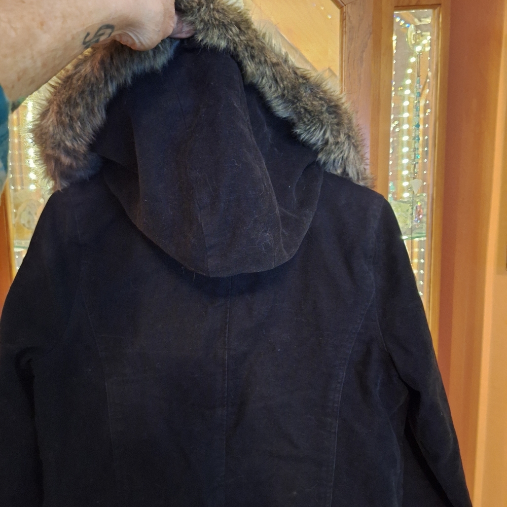 PINK Victoria's Secret Black Peacoat with Red Plaid Lining and Faux Fur Trim - Picture 14 of 16
